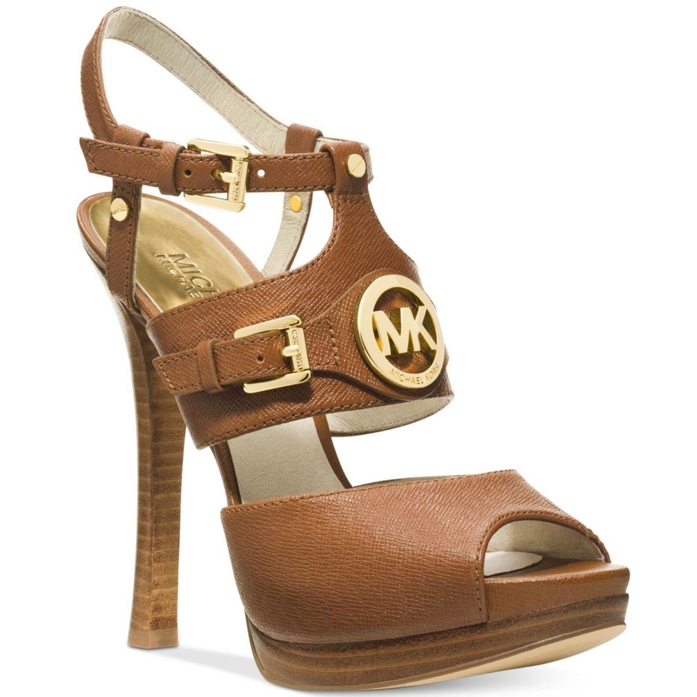Michael Kors Mackenzie Saffiano Leather Logo Platform Sandal Luggage 8.5 New